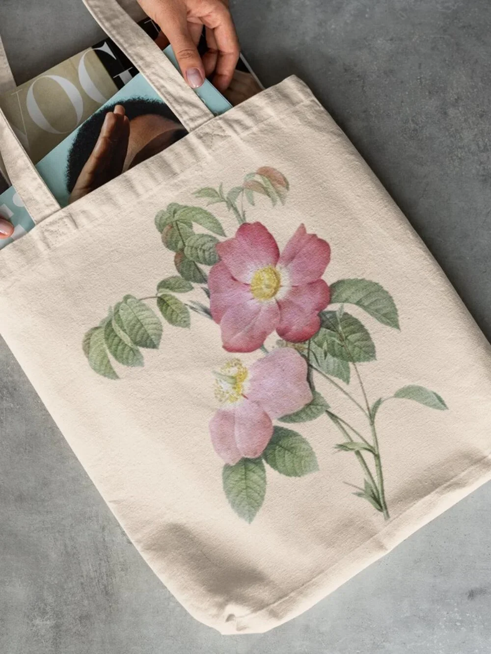 French Rose Vintage Floral Print Graphic Canvas Tote Bag